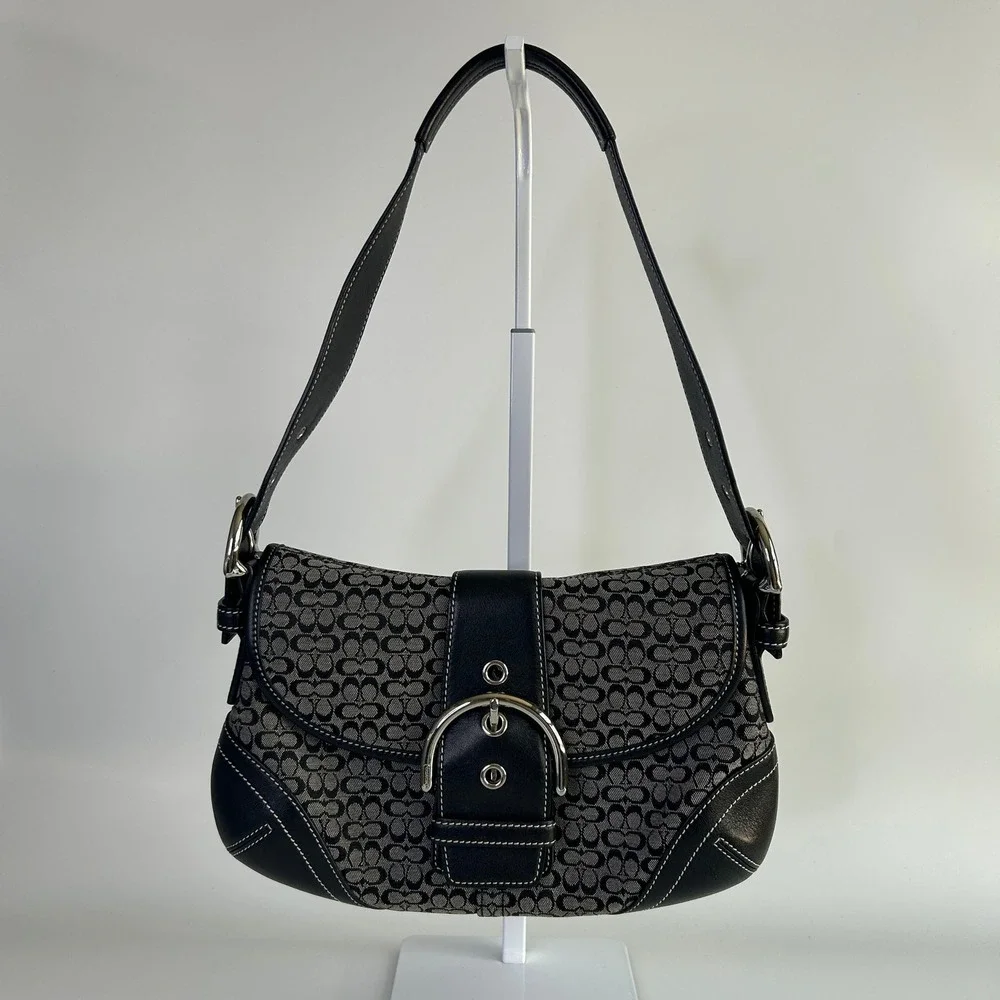 Coach Soho Signature Black Grey Canvas Leather Shoulder Bag 6818 Excellent